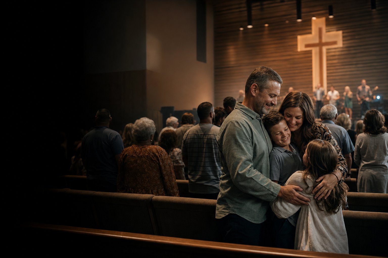 A joyful family during a church gathering